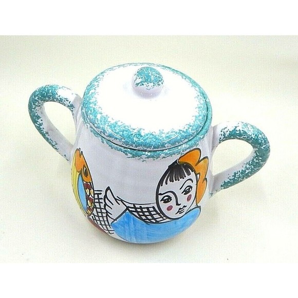 Ceramiche Desuirint Hand-Painted Ceramic Sugar Bowl Fishing Teal Sponge Accent - Picture 10 of 10